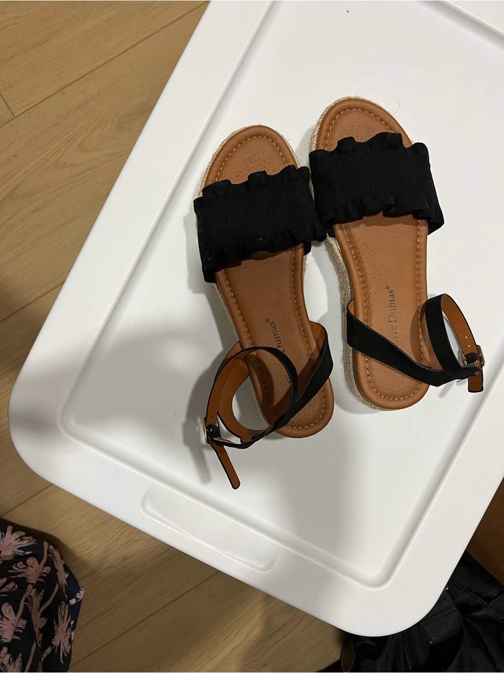 Pierre Dumas Black Ruffle Slide Sandals with Tan Footbed